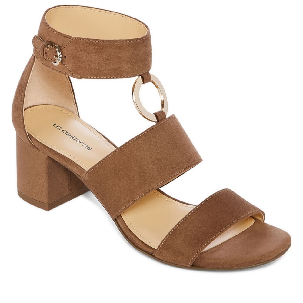 NEW Liz Claiborne Sandal Block Heel Medallion Ankle Strap Suede Truffle Tan 7.5 - Picture 9 of 13